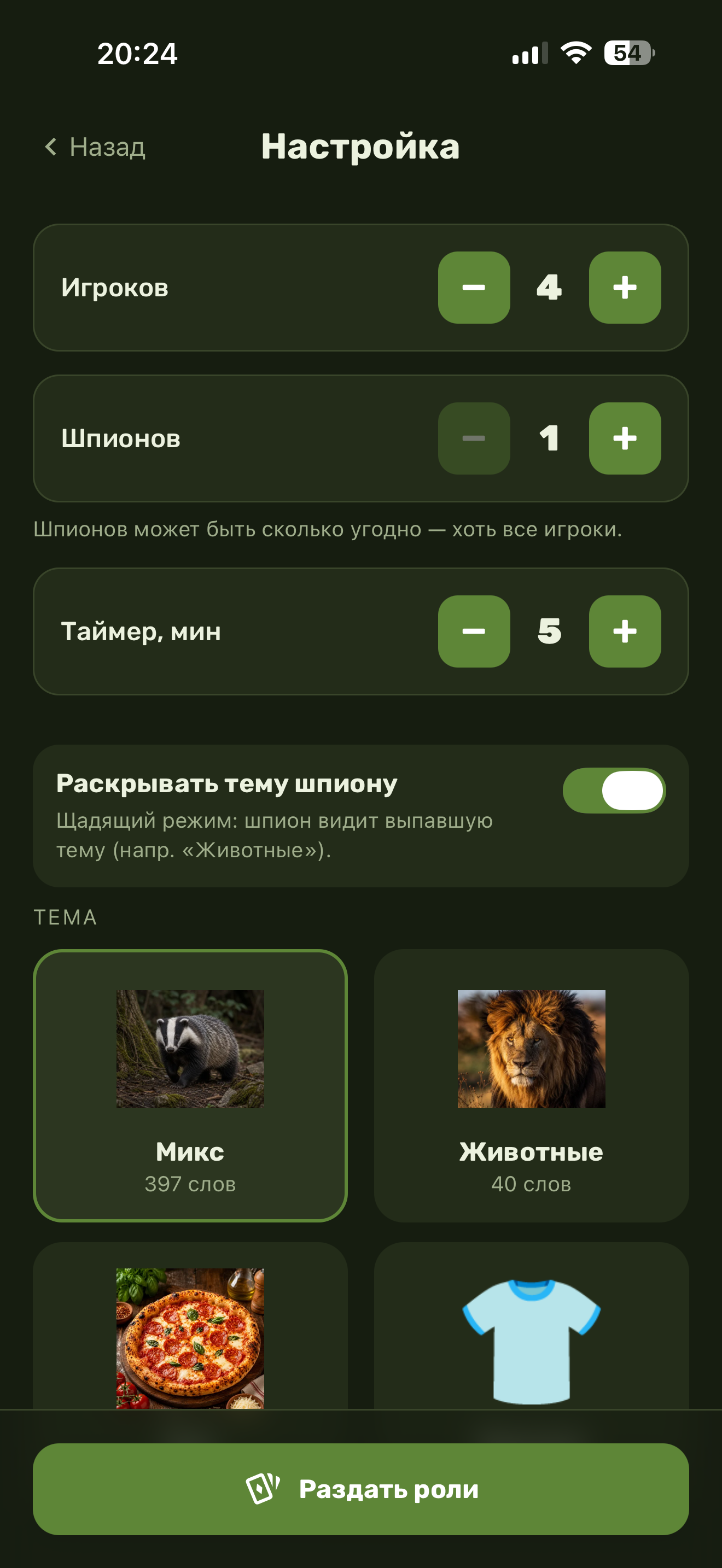 Настройка партии в «Шпиона»: игроки, шпионы, таймер и темы слов